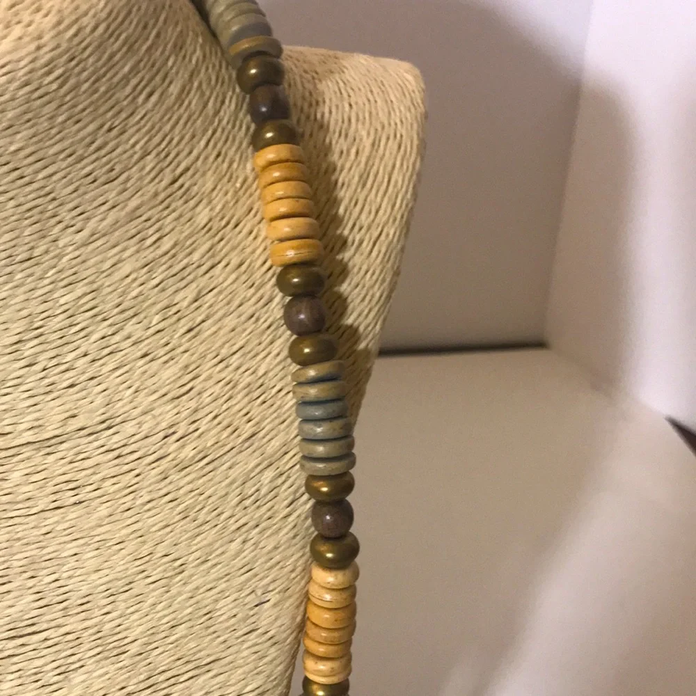 Necklace beaded wood metal cream brown vintage boho neutral tribal summer